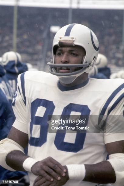 Tight end John Mackey of the Baltimore Colts watches the action on the sidelines during the AFC Divisional Playoff game on December 26, 1970 against...