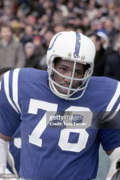 Defensive lineman Bubba Smith of the Baltimore Colts watches the action on the sidelines during the NFL Championship game on December 29, 1968...