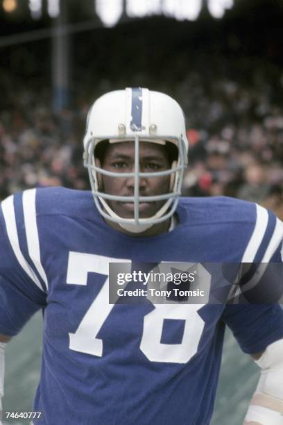 Defensive lineman Bubba Smith of the Baltimore Colts watches the action on the sidelines during the NFL Championship game on December 29, 1968...