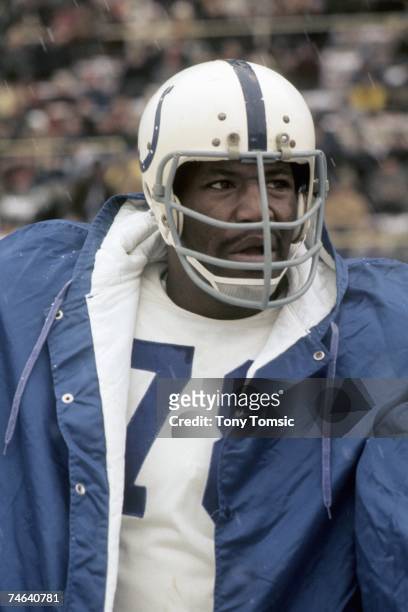 Defensive lineman Bubba Smith of the Baltimore Colts watches the action on the sidelines during the AFC Divisional Playoff game on December 26, 1970...