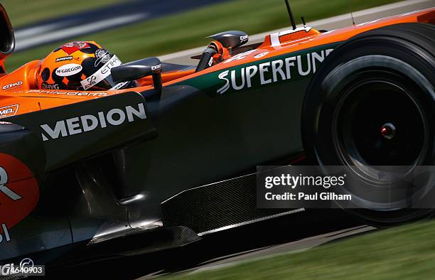 Christijan Albers of The Netherlands and Spyker F1 in action during practice for the F1 Grand Prix of USA at the Indianapolis Motor Speedway on June...