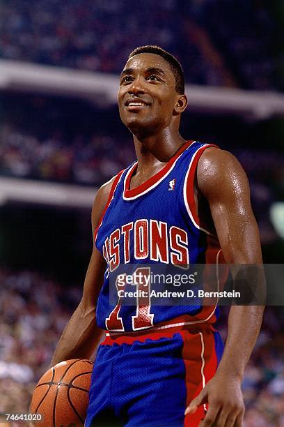 Isiah Thomas of the Detroit Pistons catches his breath during a 1989 NBA game. NOTE TO USER: User expressly acknowledges that, by downloading and or...