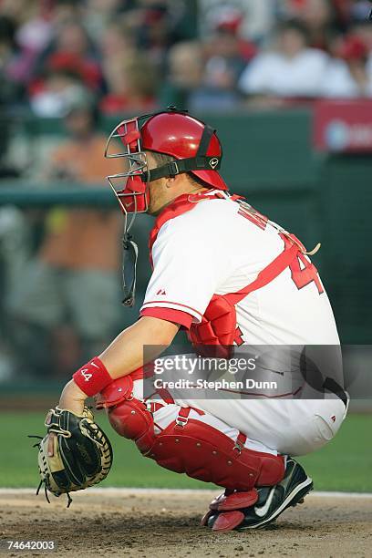 Catcher Mike Napoli of the Los Angeles Angels of Anaheim gets ready behind the plate during the game against the Seattle Mariners on May 28, 2007 at...