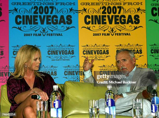 Actress Charlize Theron and CineVegas chairman of the creative advisory board, actor Dennis Hopper, speak at the Charlize Theron conversation and...