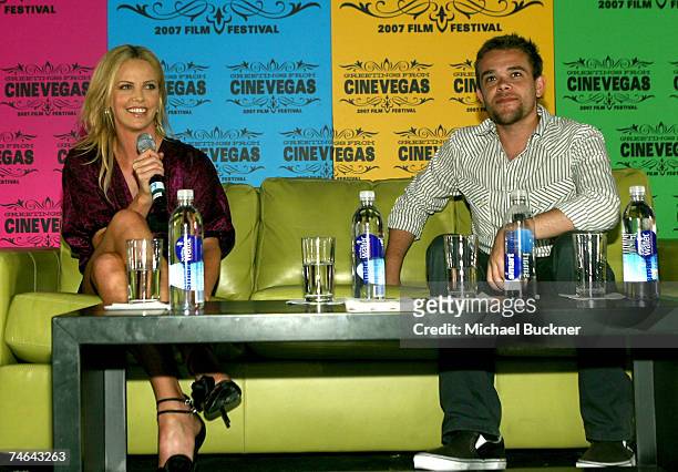 Actress Charlize Theron and actor Nick Stahl speak at the Charlize Theron conversation and screening held at the Brenden Theatres inside the Palms...