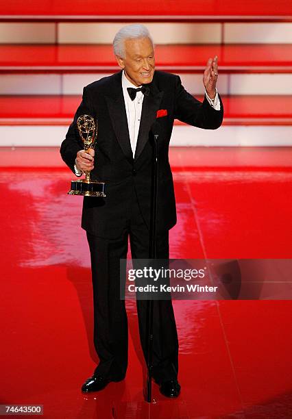 Personality Bob Barker accepts the Emmy for "Outstanding Game Show Host" for "The Price is Right" onstage during the 34th Annual Daytime Emmy Awards...