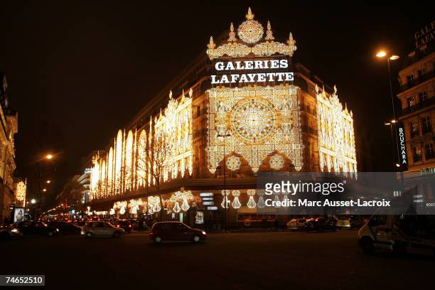 Christmas lights on the Galeries Lafayette, Boulevard Haussmann in Paris in Paris, France.