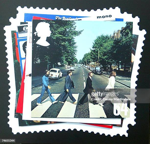 Royal Mail stamps featuring the Beatles, January 8, 2007. At the Abbey Road Studios in London, United Kingdom.