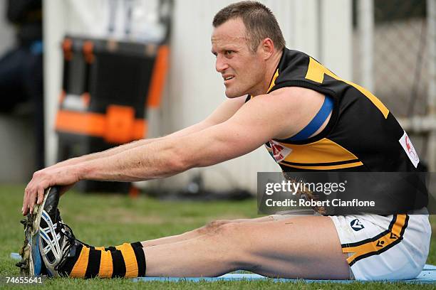 Chris Grant of Werribee watches on from the sidelines during the round ten VFL match between Port Melbourne and the Werribee Tigers at Teac Oval June...