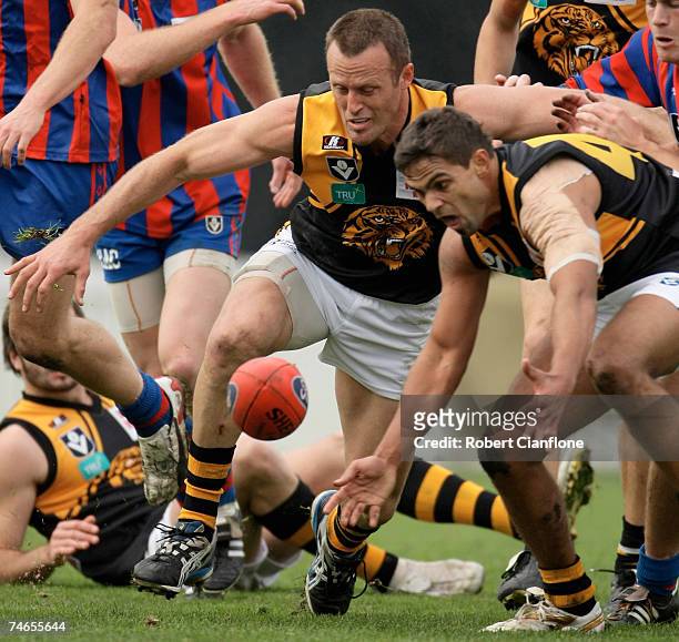 Chris Grant of Werribee looks to get the ball during the round ten VFL match between Port Melbourne and the Werribee Tigers at Teac Oval June 16,...