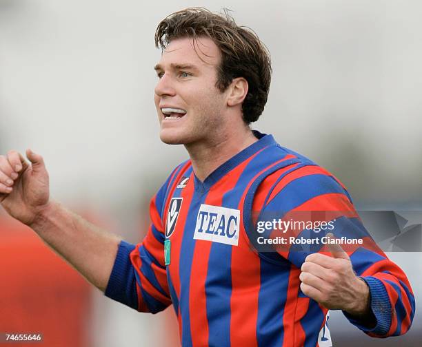 Jeremy Dukes of Port Melbourne celebrates his goal during the round ten VFL match between Port Melbourne and the Werribee Tigers at Teac Oval June...