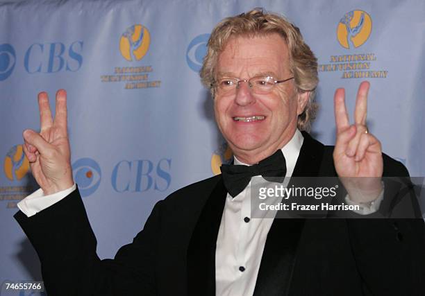 Television talk show host Jerry Springer poses in the press room during the 34th Annual Daytime Emmy Awards held at the Kodak Theatre on June 15,...