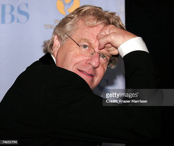 Television talk show host Jerry Springer poses in the press room during the 34th Annual Daytime Emmy Awards held at the Kodak Theatre on June 15,...