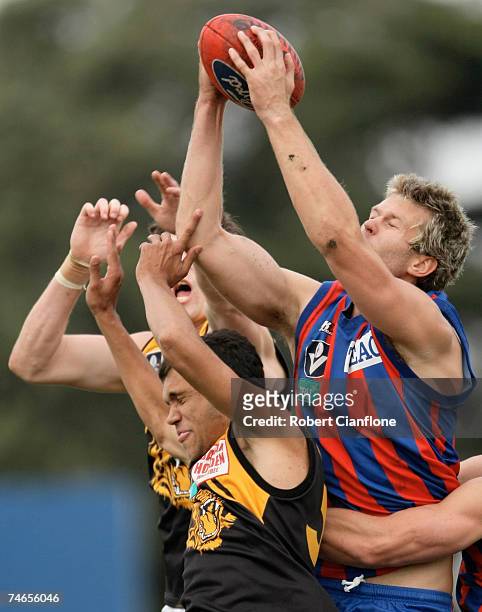 David Fanning of Port Melbourne marks over his opponents during the round ten VFL match between Port Melbourne and the Werribee Tigers at Teac Oval...