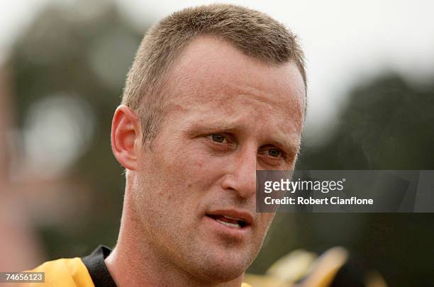 Chris Grant of Werribee is seen at the quarter time break during the round ten VFL match between Port Melbourne and the Werribee Tigers at Teac Oval...