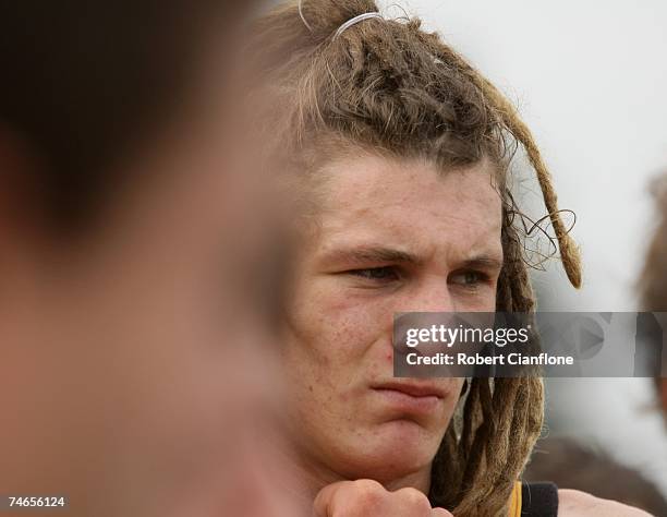 Andrejs Everitt of Werribee is seen at the quarter time break during the round ten VFL match between Port Melbourne and the Werribee Tigers at Teac...