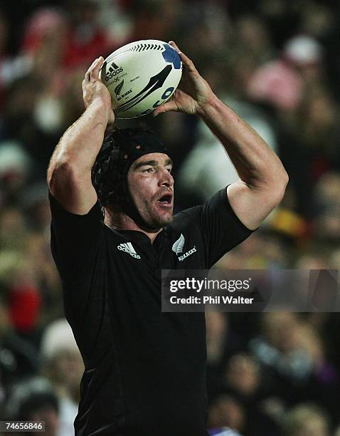 Andrew Hore of the All Blacks throws the ball into the lineout during the international test match between New Zealand and Canada at Waikato Stadium...