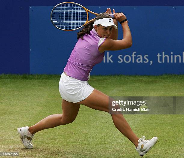 Tamira Paszek of Austria in action during her match against Maria Sharapova of Russia during day 6 of the DFS Classic at the Edgbaston Priory Club on...