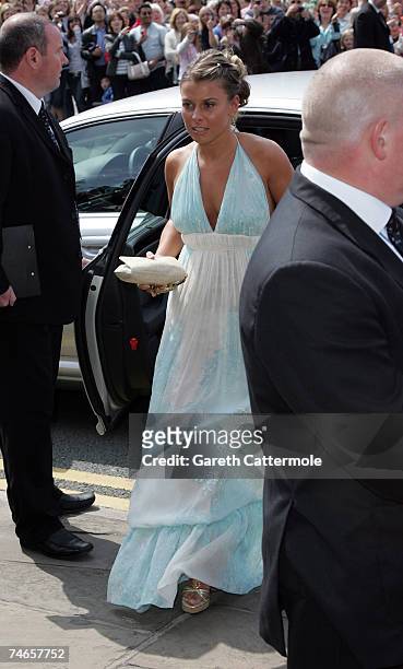 Colleen McLoughlin arrives at Manchester Cathedral for the wedding of Manchester United and England footballer Gary Neville and Emma Hadfield on June...