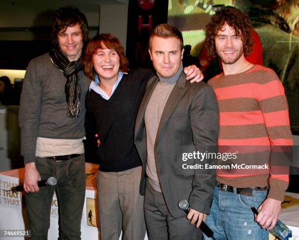 Jason Orange, Mark Owen, Gary Barlow and Howard Donald of Take That at the HMV in London, United Kingdom.