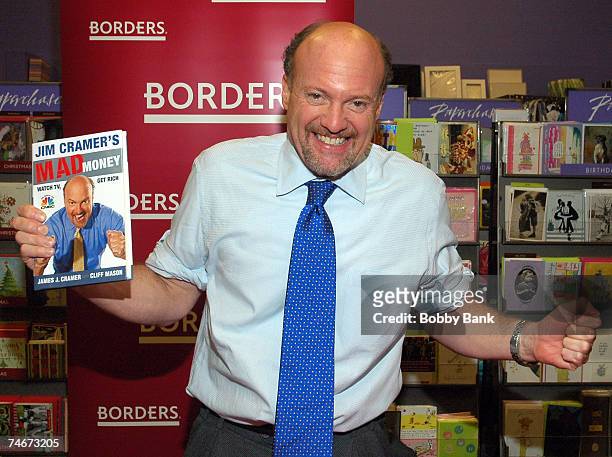 Jim Cramer during Jim Cramer, host of CNBC's "Mad Money", signs copies of Mad Money at the Borders Books in Bridgewater, New Jersey.