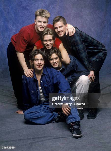 Robbie Williams, Gary Barlow, Mark Owen, Jason Orange and Howard Donald of Take That at the Studio Session in New York City, New York