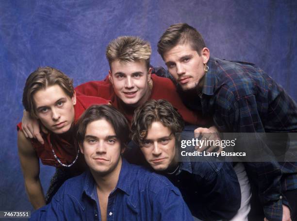 Robbie Williams, Mark Owen, Gary Barlow, Jason Orange and Howard Donald of Take That at the Studio Session in New York City, New York