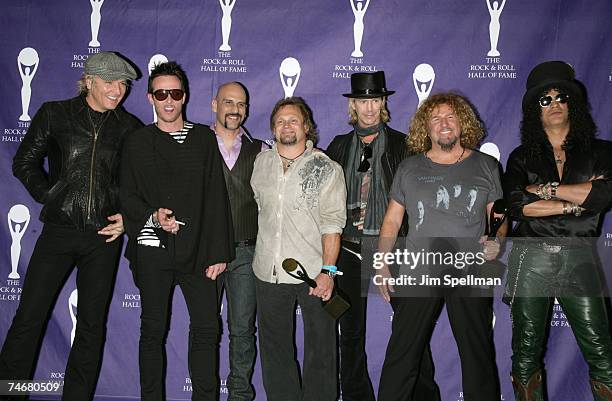 Matt Sorum, Scott Weiland, Dave Kushner, Michael Anthony of Van Halen, inductee, Duff McKagan, Sammy Hagar of Van Halen, inductee, and Slash during...