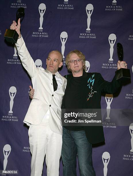 Michael Stipe and Mike Mills of R.E.M., inductees at the Waldorf Astoria in New York City, New York
