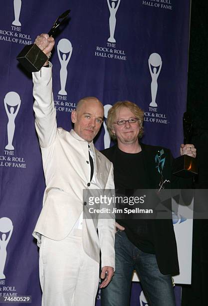 Michael Stipe and Mike Mills of R.E.M., inductees at the Waldorf Astoria in New York City, New York