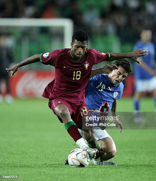 Nani of Portugal gets tackled by Dani Bondarv of Israel and is taken off on a stretcher during the UEFA European Under-21 Championships match between...