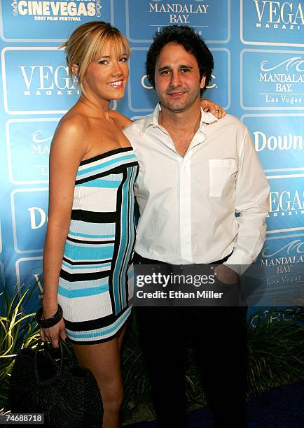 Former Miss Nevada USA Katie Rees and President of the Palms Casino Resort George Maloof arrive at the fourth anniversary party for Vegas Magazine on...