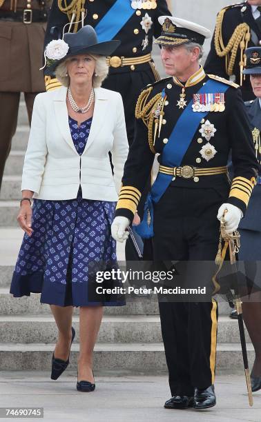 Prince Charles walks with Camilla, Duchess of Cornwall after a Falklands War flypast on June 17, 2007 in London. Commemorations to mark the 25th...