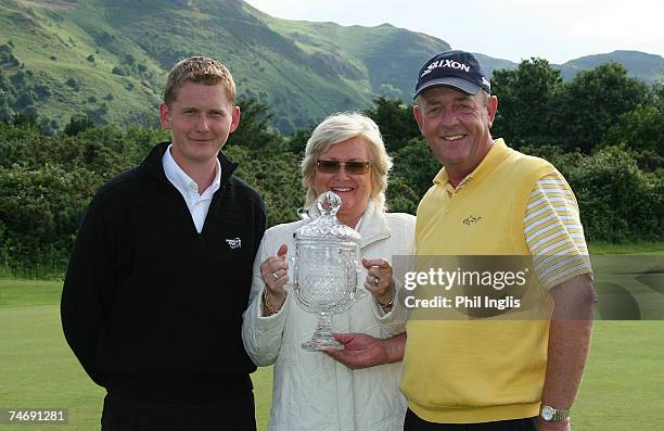 Carl Mason of England with his wife Beryl and son Andrew after the final round of the Ryder Cup Wales Seniors Open at Conwy Golf Club on June 17,...
