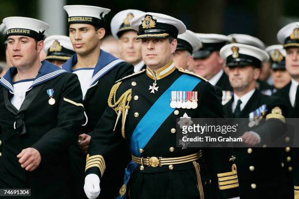 Prince Andrew, Duke of York marches with the Royal Navy's Fleet Air Arm which was the division he served in during the war, at the Falklands Veterans...