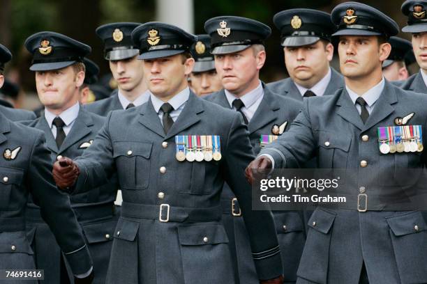 Members of the Royal Air Force march at the Falklands Veterans Parade in Horse Guards Parade on June 17, 2007 in London, England. Today marks the...
