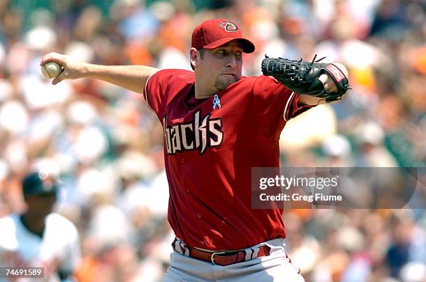 Brandon Webb of the Arizona Diamondbacks pitches against the Baltimore Orioles on June 17, 2007 at Camden Yards in Baltimore, Maryland.