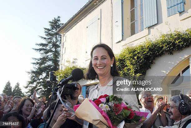 Former French Socialist Party presidential candidate Segolene Royal jubilates after the victory of PS Delphine Batho over UMP Jean-Pierre Griffault,...