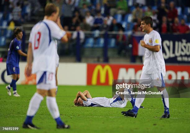 Frantisek Rajtoral of Czech Republic looks dejected during the UEFA U21 Championship, group B match between Italy U21 and Czech Republic U21 at the...