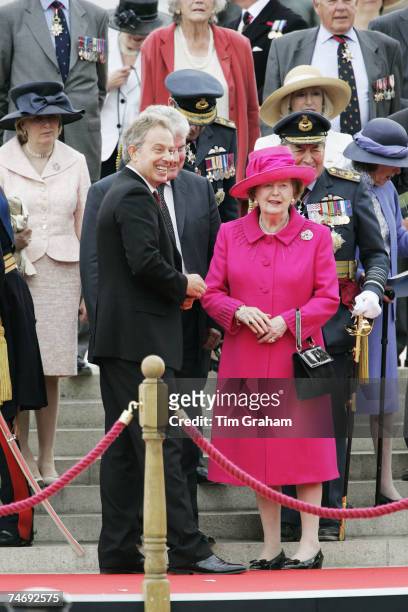 Baroness Margaret Thatcher and Prime Minister Tony Blair attend a parade for Falkland Veterans, commemorating 25 years since the end of the Falklands...