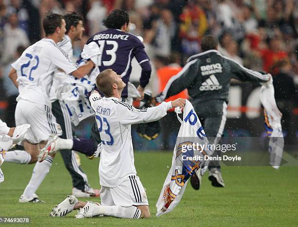 David Beckham of Real Madrid celebrates after Real won the Primera Liga after the Primera Liga match between Real Madrid and Mallorca at the Santiago...