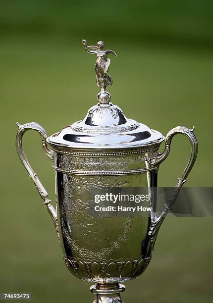 The U.S. Open trophy is seen on the green after Angel Cabrera of Argentina wins the Championship by one-stroke at the 107th U.S. Open Championship at...