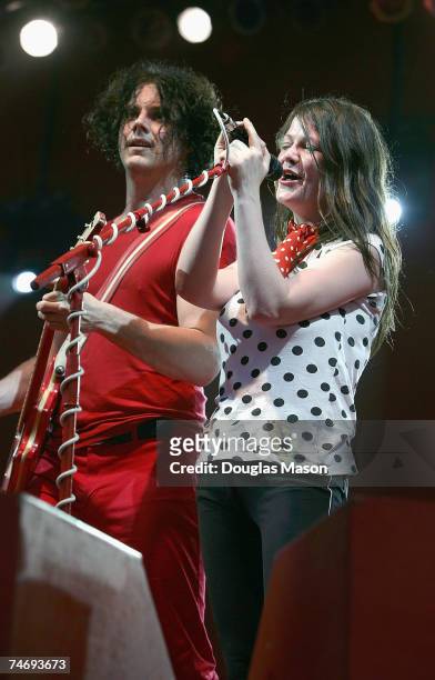 Jack White and Meg White of the White Stripes perform on stage on day four of the Bonnaroo Music & Arts Festival on June 17, 2007 in Manchester,...