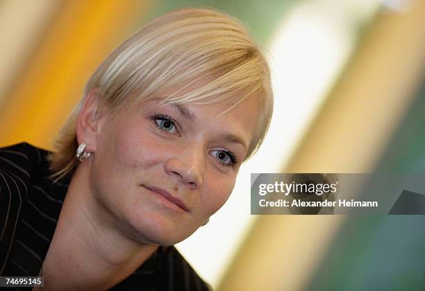 Bibiana Steinhaus is presented to the media as first woman referee in charge with second division matches of the german Bundesliga , at the...