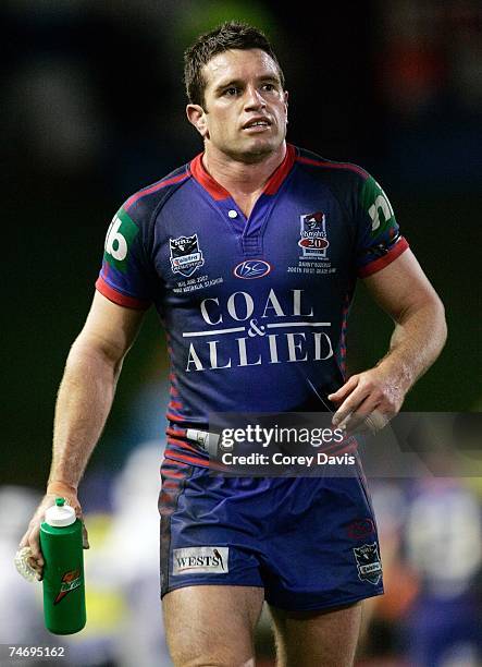 Danny Buderus of the Knights leaves the field after the round 14 NRL match between the Newcastle Knights and the Canberra Raiders at EnergyAustralia...