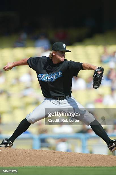 Jordan De Jong of Toronto Blue Jays pitches during the game against the Los Angeles Dodgers at Dodger Stadium in Los Angeles, California on June 10,...