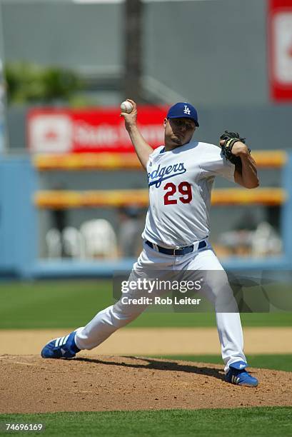 Jason Schmidt of Los Angeles Dodgers pitches during the game against the Toronto Blue Jays at Dodger Stadium in Los Angeles, California on June 10,...