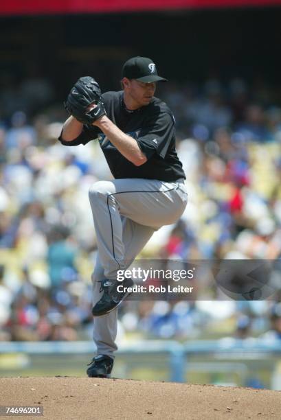 Roy Halladay of Toronto Blue Jays pitches during the game against the Los Angeles Dodgers at Dodger Stadium in Los Angeles, California on June 10,...