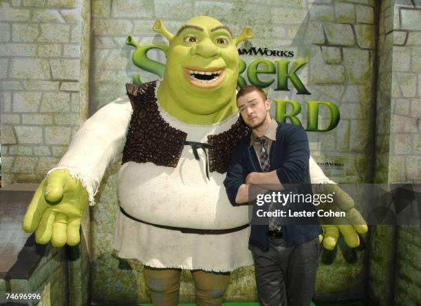 Justin Timberlake with "Shrek" at the Mann Village Theatre in Westwood, California