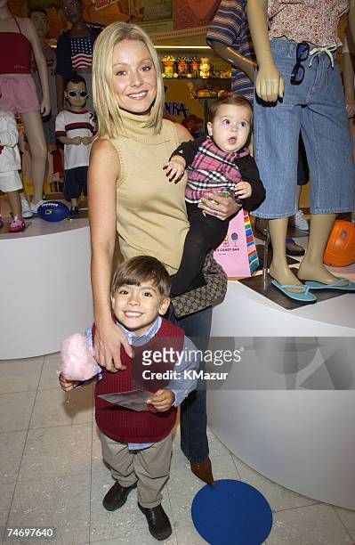 Kelly Ripa with daugher Lola and son Michael at Dylan's Candy Bar previewing Old Navy's Summer 2002 kids and baby collection and celebrating Baby...